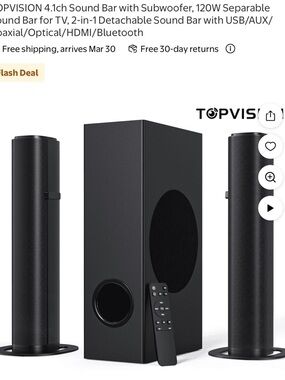 Black 4.1ch Sound Bar with Subwoofer - Bluetooth, HDMI, Optical, USB